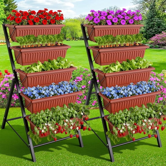2 Pack Elevated Garden Bed, 5-Tier Freestanding Vertical Raised Bed for Gardening, 5 Garden Planter Boxes and 5 Hooks, Perfect to Grow Vegetables Herbs Flowers Outdoor  Brick Red