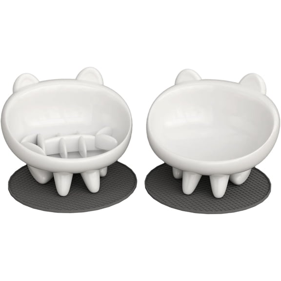 2 Pack Elevated Slow Feeder Cat Bowls Whisker-Friendly Tilted Ceramic Bowls Anti Vomiting, Raised Feeding Station with Anti Slip Mat, Ideal for Senior Cats & Small Dogs