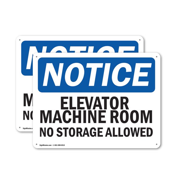 (2 Pack) Elevator Machine Room No Storage Allowed OSHA Notice Sign 10 Inch X 7 Inch Plastic Sign, Weather Resistant, UV Protected for Workplace, Business, and Construction Site, Made in