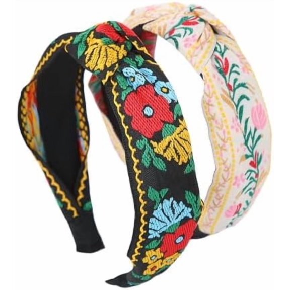 2 Pack Embroidered Mexican Floral Knotted Headbands, Boho Jacquard Fabric Ribbon Hair Accessory
