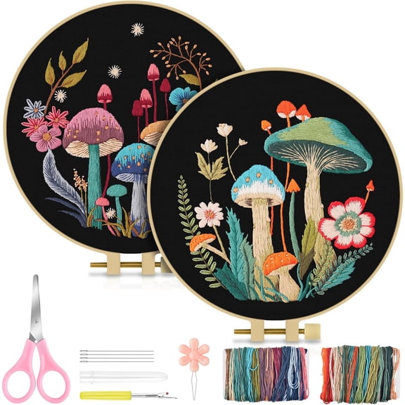 2 Pack Embroidery Kit for Adult Beginners, Embroidery DIY Starter Kit, with Mushroom Stamped Patterns, Hoop, Tools, Colorful Threads with Needles, Instructions