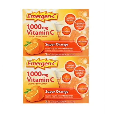 2 Pack - Emergen-C 1000Mg Vitamin C Powder for Immune Support Super Orange, 30 Count, 0.32 Oz Packets