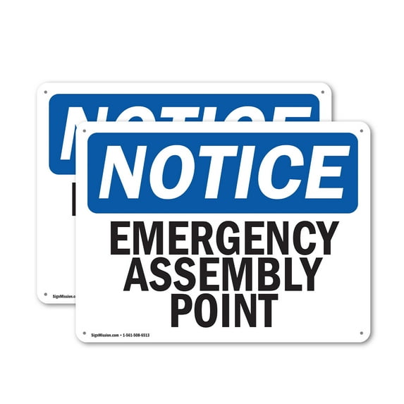 (2 Pack) Emergency Assembly Point OSHA Notice Sign 14 Inch X 10 Inch Plastic Sign, Weather Resistant, UV Protected for Workplace, Business, and Construction Site, Made in the USA