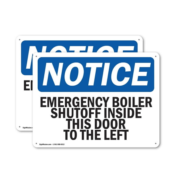 (2 Pack) Emergency Boiler Shutoff Inside This Door OSHA Notice Sign 14 Inch X 10 Inch Indoor / Outdoor Rust-Free Aluminum Metal Signs for Workplace, Workshop, and Construction Site,