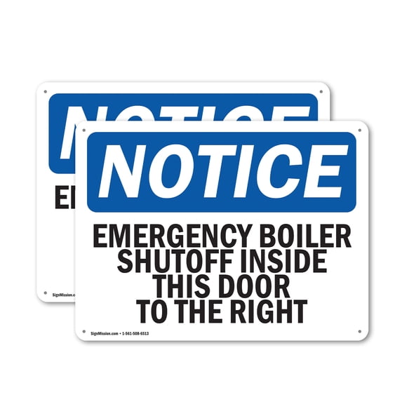 (2 Pack) Emergency Boiler Shutoff Inside This Door OSHA Notice Sign 24 Inch X 18 Inch Indoor / Outdoor Rust-Free Aluminum Metal Signs for Workplace, Workshop, and Construction Site,