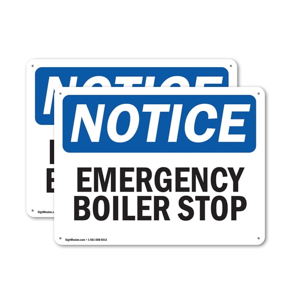 (2 Pack) Emergency Boiler Stop OSHA Notice Sign 10 Inch X 7 Inch Plastic Sign, Weather Resistant, UV Protected for Workplace, Business, and Construction Site, Made in the USA