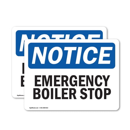 (2 Pack) Emergency Boiler Stop OSHA Notice Sign 5 Inch X 3.5 Inch Vinyl Label Decal Sticker Weather Resistant, UV Protected for Workplace, Business, and Construction Site, Made in the