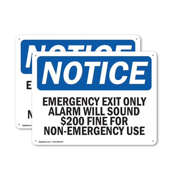 (2 Pack) Emergency Exit Only Alarm Will Sound $200 OSHA Notice Sign 14 Inch X 10 Inch Plastic Sign, Weather Resistant, UV Protected for Workplace, Business, and Construction Site, Made