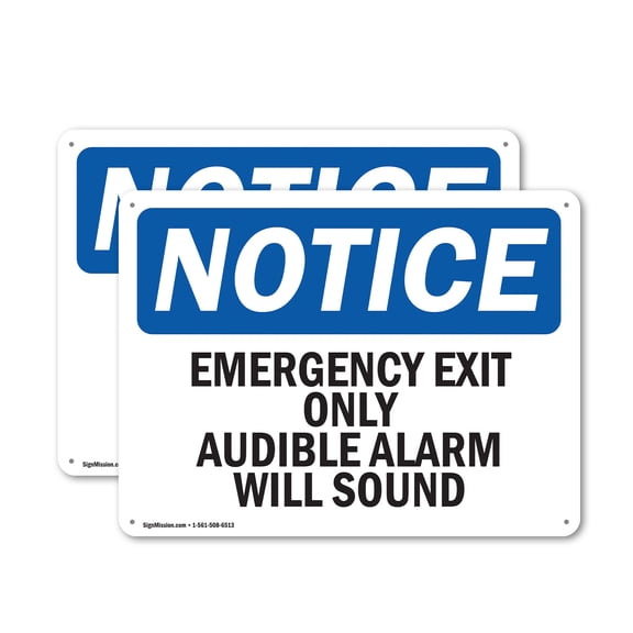 (2 Pack) Emergency Exit Only Audible Alarm Will Sound OSHA Notice Sign 14 Inch X 10 Inch Plastic Sign, Weather Resistant, UV Protected for Workplace, Business, and Construction Site,