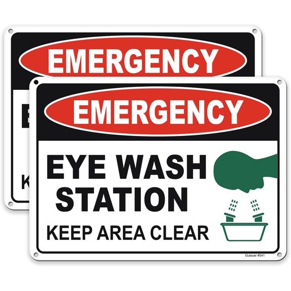 (2 Pack) Emergency - Eye Wash Station Sign, Keep Area Clear Sign, 12 x 8 Inches Rust Free Aluminum, UV Protected, Weather Resistant, Waterproof, Durable Ink，Easy to Mount