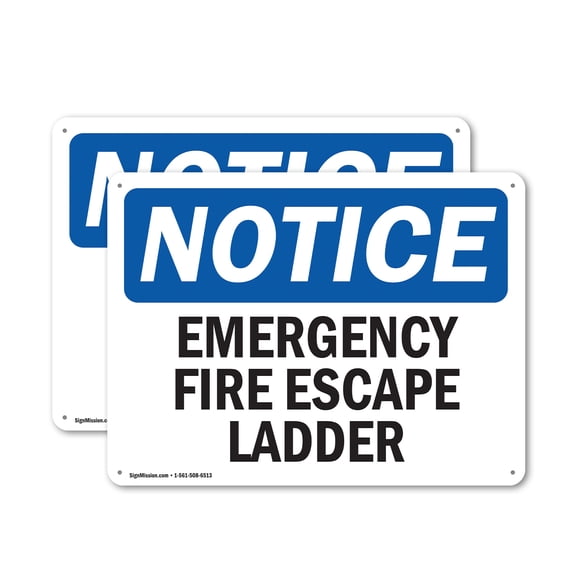 (2 Pack) Emergency Fire Escape Ladder OSHA Notice Sign 10 Inch X 7 Inch Indoor / Outdoor Rust-Free Aluminum Metal Signs for Workplace, Workshop, and Construction Site, Made in the USA