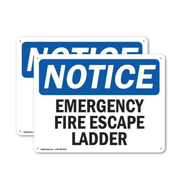 (2 Pack) Emergency Fire Escape Ladder OSHA Notice Sign 14 Inch X 10 Inch Plastic Sign, Weather Resistant, UV Protected for Workplace, Business, and Construction Site, Made in the USA