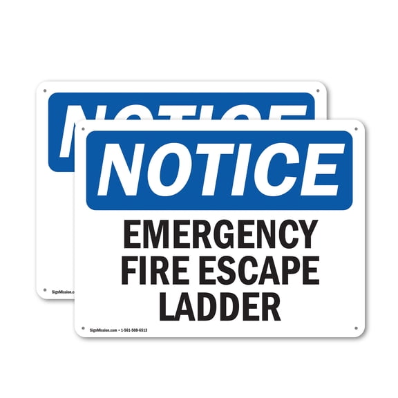 (2 Pack) Emergency Fire Escape Ladder OSHA Notice Sign 18 Inch X 12 Inch Plastic Sign, Weather Resistant, UV Protected for Workplace, Business, and Construction Site, Made in the USA