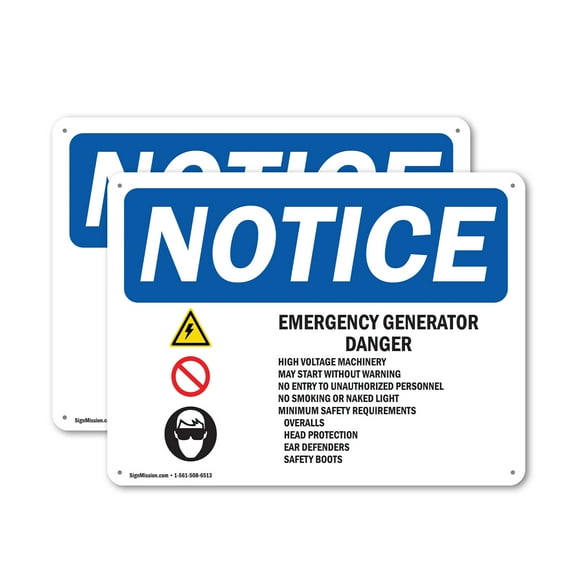 (2 Pack) Emergency Generator Danger High OSHA Notice Sign 18 Inch X 12 Inch Indoor / Outdoor Rust-Free Aluminum Metal Signs for Workplace, Workshop, and Construction Site, Made in the