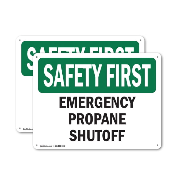 (2 Pack) Emergency Propane Shutoff OSHA Safety First Sign 10 Inch X 7 Inch Plastic Sign, Weather Resistant, UV Protected for Workplace, Business, and Construction Site, Made in the USA