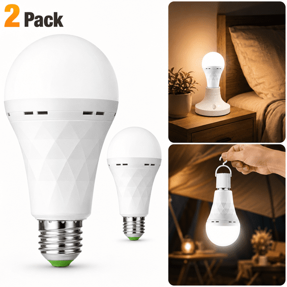 2 Pack Emergency Rechargeable Light Bulbs,Battery Operated Backup Light Bulb for Power Outage Camping Outdoor Hurricane 9W E27 6500K 1200mAh White Equivalent Self-Charging LED Light Bulbs