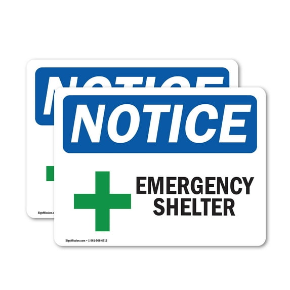 (2 Pack) Emergency Shelter OSHA Notice Sign 10 Inch X 7 Inch Vinyl Label Decal Sticker Weather Resistant, UV Protected for Workplace, Business, and Construction Site, Made in the USA
