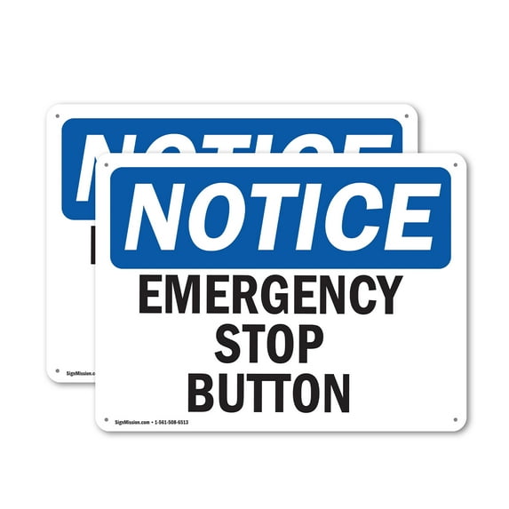 (2 Pack) Emergency Stop Button OSHA Notice Sign 10 Inch X 7 Inch Plastic Sign, Weather Resistant, UV Protected for Workplace, Business, and Construction Site, Made in the USA