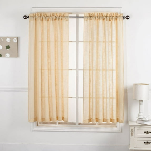 2 Pack Emily Textured Linen Look Jacquard Sheer Rod Pocket Curtain Panels (63" Long, Gold)