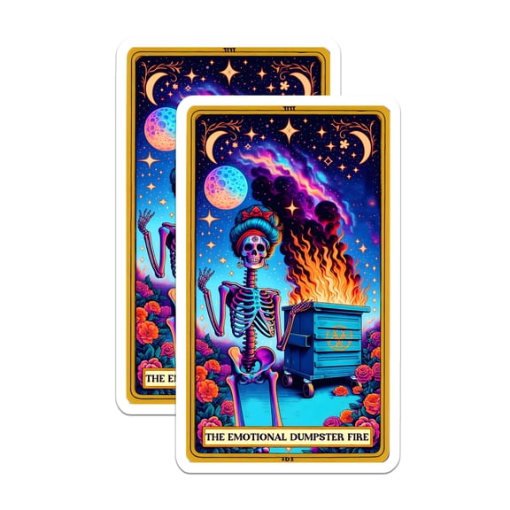 (2 Pack) Emotional Dumpster Fire Magnets - Skeleton Tarot Card Art - Humorous Cosmic Decor - 5 Inches On Longest Side - Thick Durable Magnet - Made in USA - MAG23026