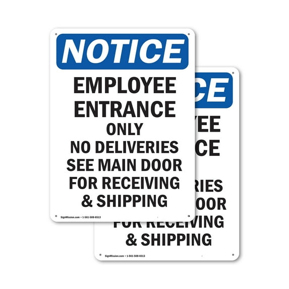 (2 Pack) Employee Entrance Only No Deliveries OSHA Notice Sign 10 Inch X 14 Inch Indoor / Outdoor Rust-Free Aluminum Metal Signs for Workplace, Workshop, and Construction Site, Made in