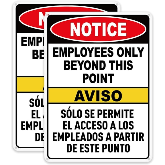 2 Pack Employees Only Beyond This Point Sign Bilingual, 8" x 12" Inches No Customers Allowed In Work Area Sign For Door, Reflective Rust Free Aluminum