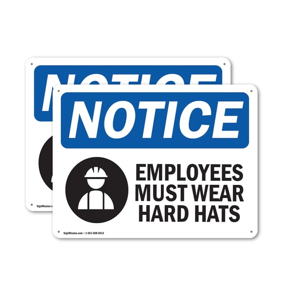 (2 Pack) Employees Must Wear Hard Hats OSHA Notice Sign 10 Inch X 7 Inch Plastic Sign, Weather Resistant, UV Protected for Workplace, Business, and Construction Site, Made in the USA