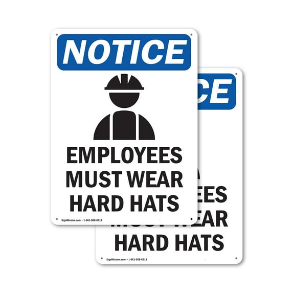 (2 Pack) Employees Must Wear Hard Hats OSHA Notice Sign 18 Inch X 24 Inch Indoor / Outdoor Rust-Free Aluminum Metal Signs for Workplace, Workshop, and Construction Site, Made in the USA
