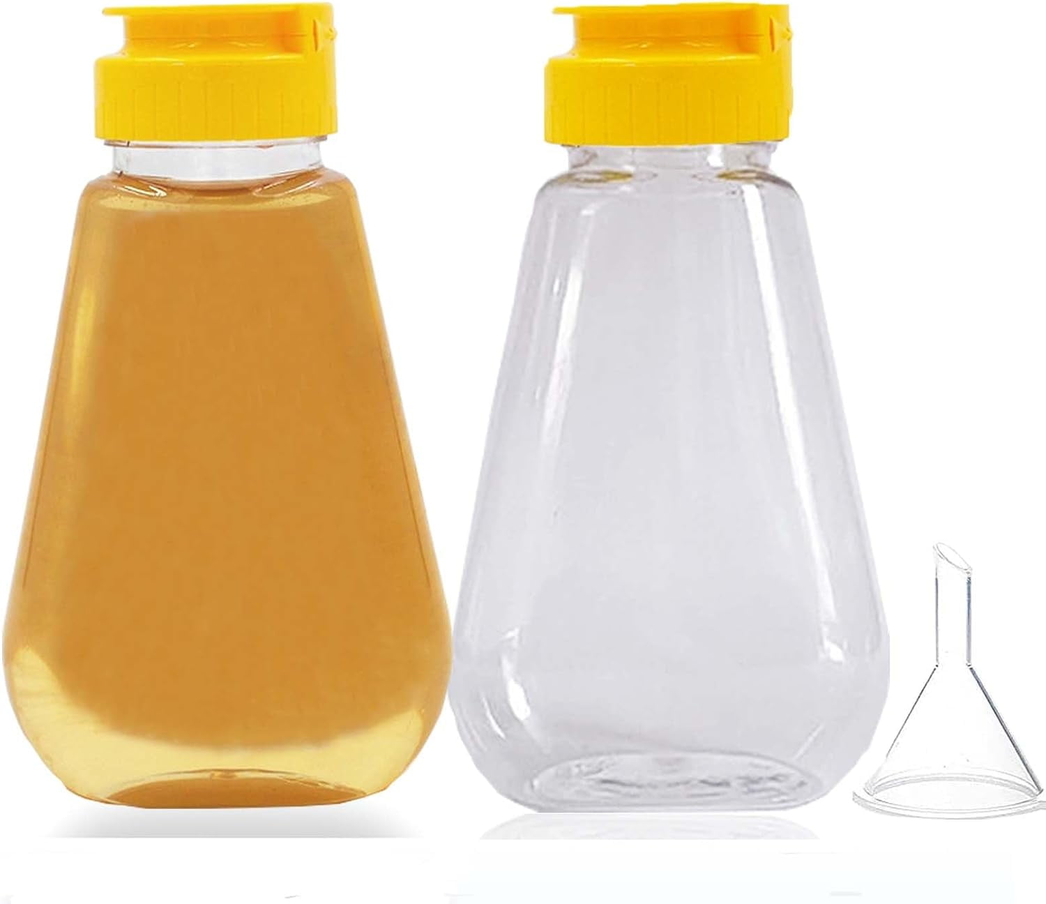 2 Pack Empty Plastic Honey Bottles with Funnel, 200ml Squeeze Jars Leakproof Dispenser Flip Top Condiment Container for Ketchup Mustard Salad Dressing Sauce Syrup Oil Epoxy, BPA Free