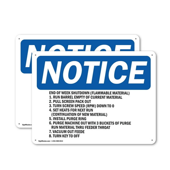 (2 Pack) End Of Week Shutdown (Flammable Material) OSHA Notice Sign 24 Inch X 18 Inch Plastic Sign, Weather Resistant, UV Protected for Workplace, Business, and Construction Site, Made