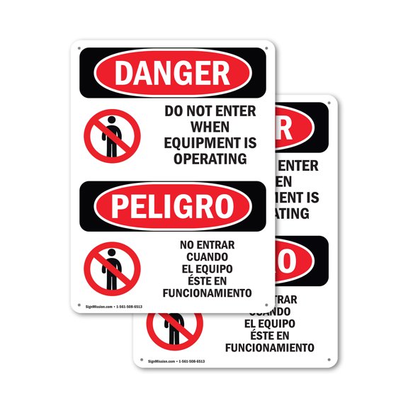 (2 Pack) Do Not Enter When Equipment Is Bilingual OSHA Danger Sign 18 Inch X 24 Inch Plastic Sign, Weather Resistant, UV Protected for Workplace, Business, and Construction Site, Made