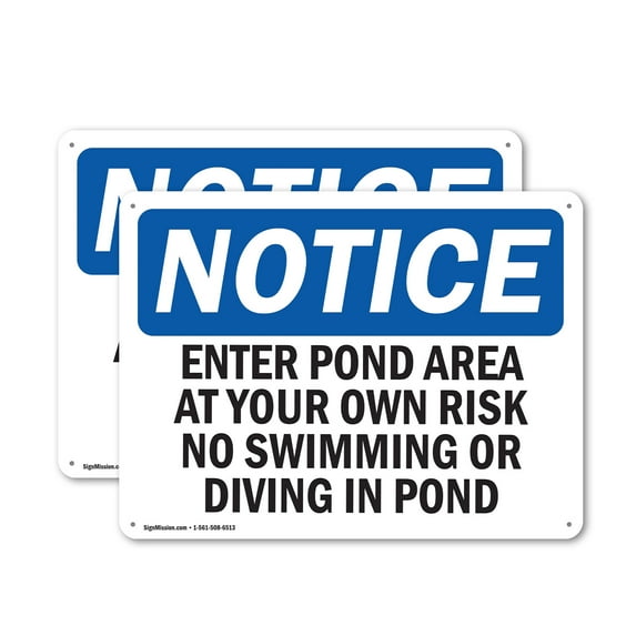 (2 Pack) Enter Pond Area At Your Own Risk No Swimming OSHA Notice Sign 10 Inch X 7 Inch Indoor / Outdoor Rust-Free Aluminum Metal Signs for Workplace, Workshop, and Construction Site,