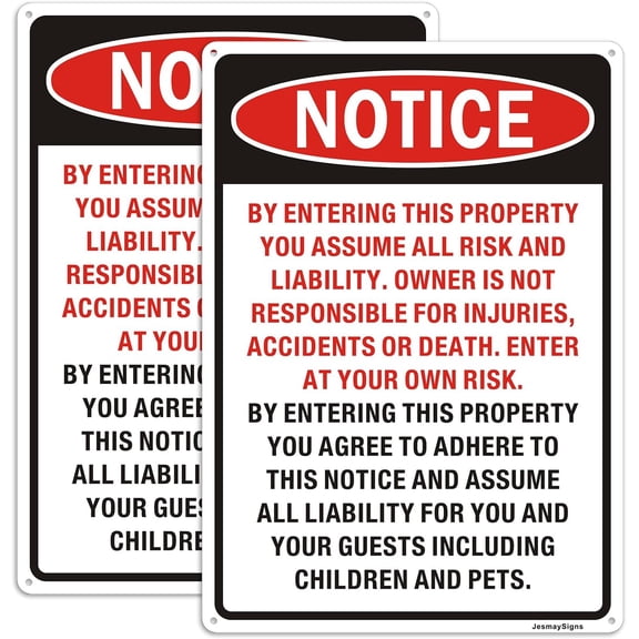 (2 Pack) Enter at Own Risk Sign, 14"x10" Not Responsible for Accidents or Injuries Sign, Rust Free Reflective Aluminum Liability Warning Signs, Fade/Weather Resistant, UV Protected, Easy to Install