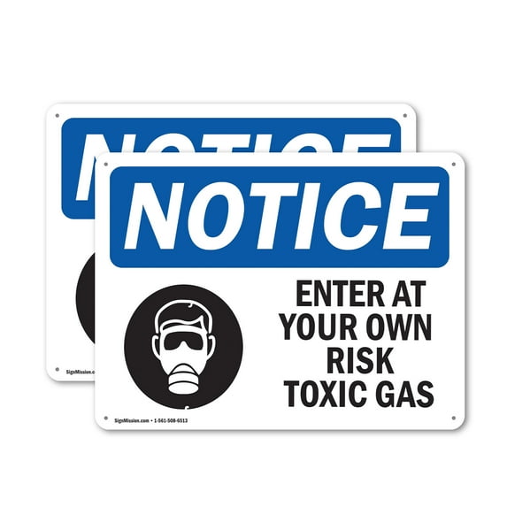 (2 Pack) Enter At Your Own Risk Toxic Gases OSHA Notice Sign 18 Inch X 12 Inch Indoor / Outdoor Rust-Free Aluminum Metal Signs for Workplace, Workshop, and Construction Site, Made in