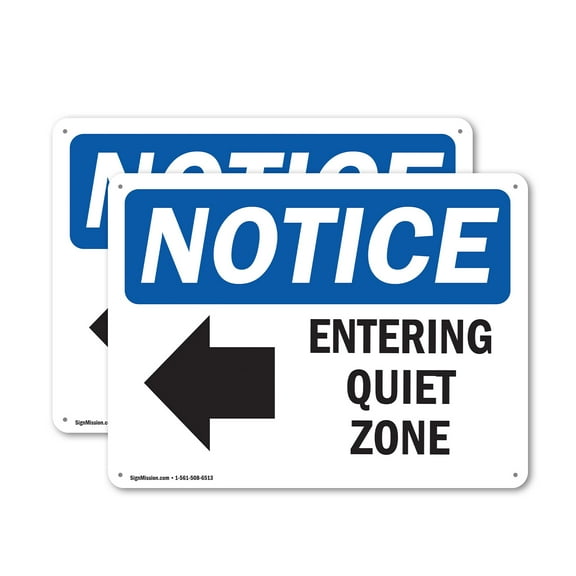 (2 Pack) Entering Quiet Zone [Left Arrow] OSHA Notice Sign 10 Inch X 7 Inch Plastic Sign, Weather Resistant, UV Protected for Workplace, Business, and Construction Site, Made in the USA