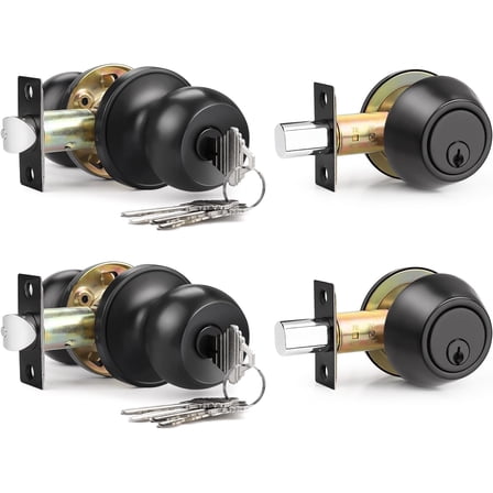 2 Pack Entry Door Knob Lockset and Single Cylinder Deadbolt Combination Set in Matte Black Finish, Keyed Alike Exterior Knob Lock and Deadbolt for Front Door and Outside Gate