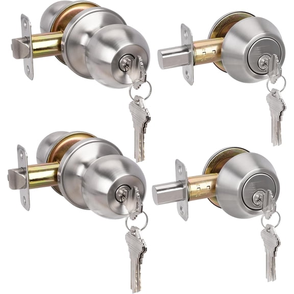 2 Pack Entry Door Knob and Single Cylinder Deadbolt Lock Set, Exterior Door Lock Set, Keyed Alike Entry Door Locksets with Deadbolt for Entrance and Front Door, Satin Nickel