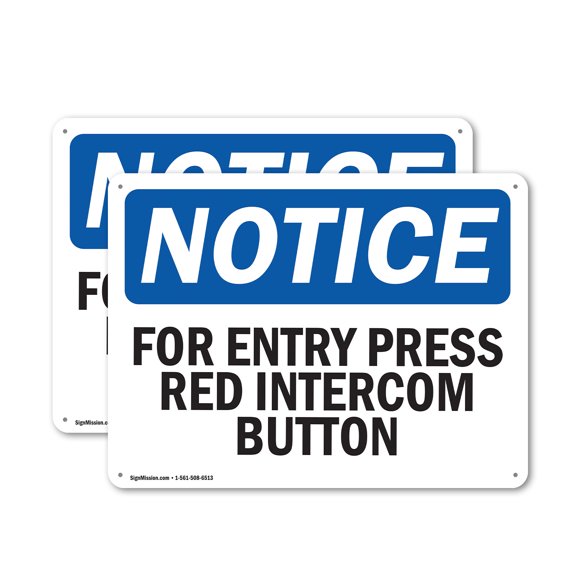 (2 Pack) For Entry Press Red Intercom Button OSHA Notice Sign 24 Inch X 18 Inch Plastic Sign, Weather Resistant, UV Protected for Workplace, Business, and Construction Site, Made in the