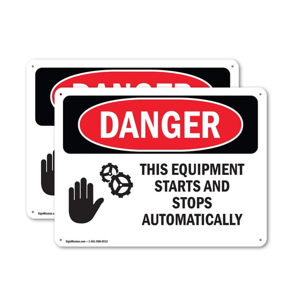 (2 Pack) Equipment Starts And Stops Automatically OSHA Danger Sign 10 Inch X 7 Inch Plastic Sign, Weather Resistant, UV Protected for Workplace, Business, and Construction Site, Made in