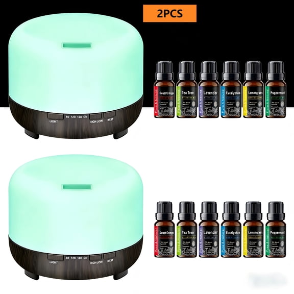2 Pack Essential Oil Diffuser with Remote Control | 18.6oz Cool Mist Humidifier, 7 Color LED Lights, Auto Shut-Off, Soundwave Technology for Bedroom, Office, Home