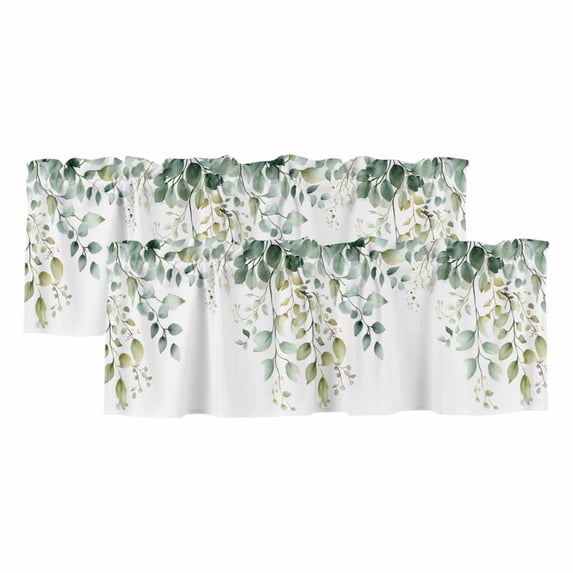2 Pack Eucalyptus Leaf Valance for Window Country Green Plant Kitchen Valance Rod Pocket Short Curtain Topper Decorative Window Treatment for Living Room Bedroom 42"x18"
