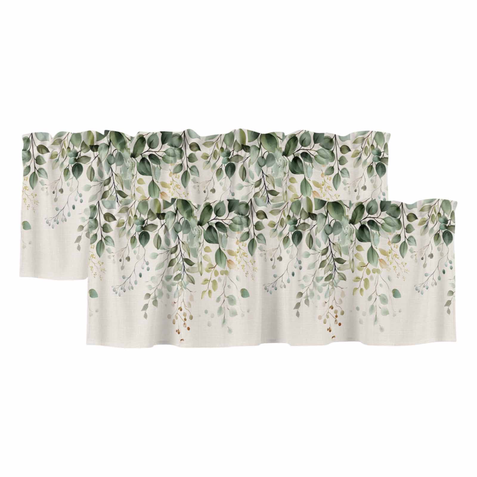 2 Pack Eucalyptus Leaf Valance for Window Country Plant Linen Texture Kitchen Valance Rod Pocket Short Curtain Topper Decorative Window Treatment for Living Room Bedroom 42"x18"