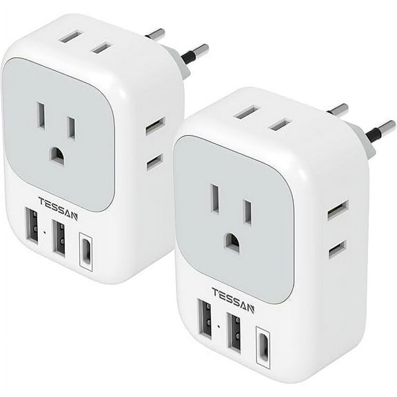 2 Pack European Plug , US to Europe Plug Adapter with 4 Outlets 3 USB Charger, Type C Power Adaptor to Italy Spain France Portugal Iceland Germany, Gray White