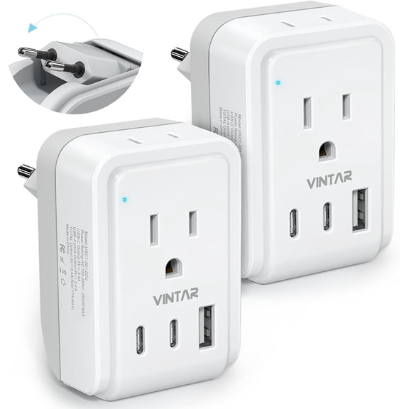 2 Pack European Travel Plug Adapter, Foldable International Power Adapter with 2 AC Outlets 3 USB Charging Ports(2 USB C), Type C Power Adaptor to Most Europe Italy Spain Frae Iceland rmany
