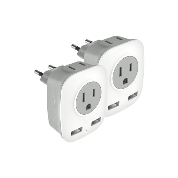 [2-Pack] European Travel Plug Adapter, International Power Adaptor with 2 USB Ports,2 American Outlets- 4 in 1 Outlet Adapter,Travel Essentials to Italy,Greece,Israel,France, Spain