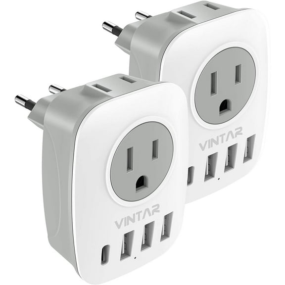 2 Pack European Travel Plug Adapter, International Power Plug Adapter with 1 USB C, 2 American Outlets and 3 USB Ports, 6 in 1 Travel Essentials to Most of Europe Greece, Italy(Type C)