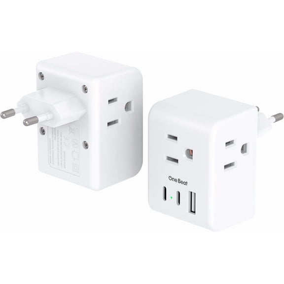 2 Pack European Travel Plug Adapter, International Power Plug Adapter with 3 Outlets 1 USBA 2 USB C, Type C Plug Adapter Travel Essentials to Most Europe EU Spain Italy Frae rmany