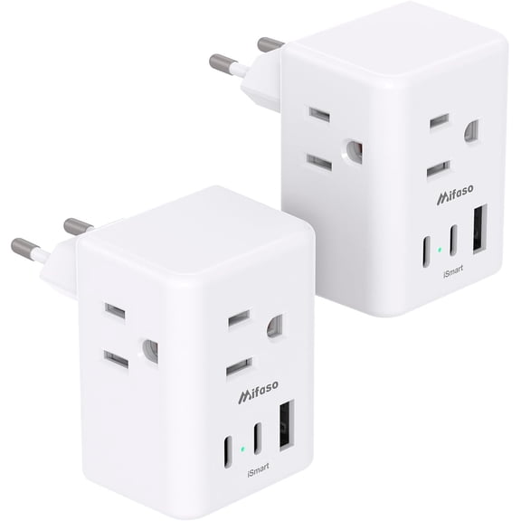 2 Pack European Travel Plug Adapter, International Power Plug Adapter with 3 Outlets 3 USB Charging Ports(2 USB C), Type C Plug Adapter Europe Travel Essentials to Spain Italy France