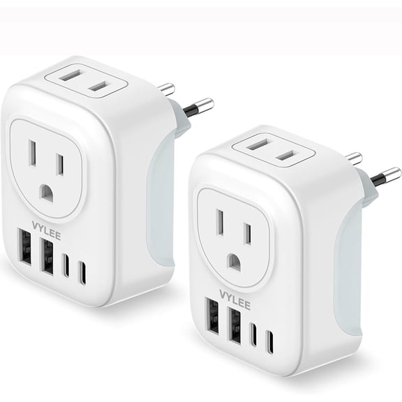 2 Pack European Travel Plug Adapter, International Travel Adapter with 2 Outlets 4 USB Ports(2 USB C), 6 in 1 Type C Travel Essentials Charger for US to Most of Europe EU Italy Spain France
