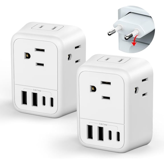 2 Pack European Travel Plug Adapter, PETGLE European Plug Adapter with 4 AC Outlets 4 USB Charging Ports (2 USB C), Foldable Power Plug Adapter Travel Essentials to Italy Spain France Europe